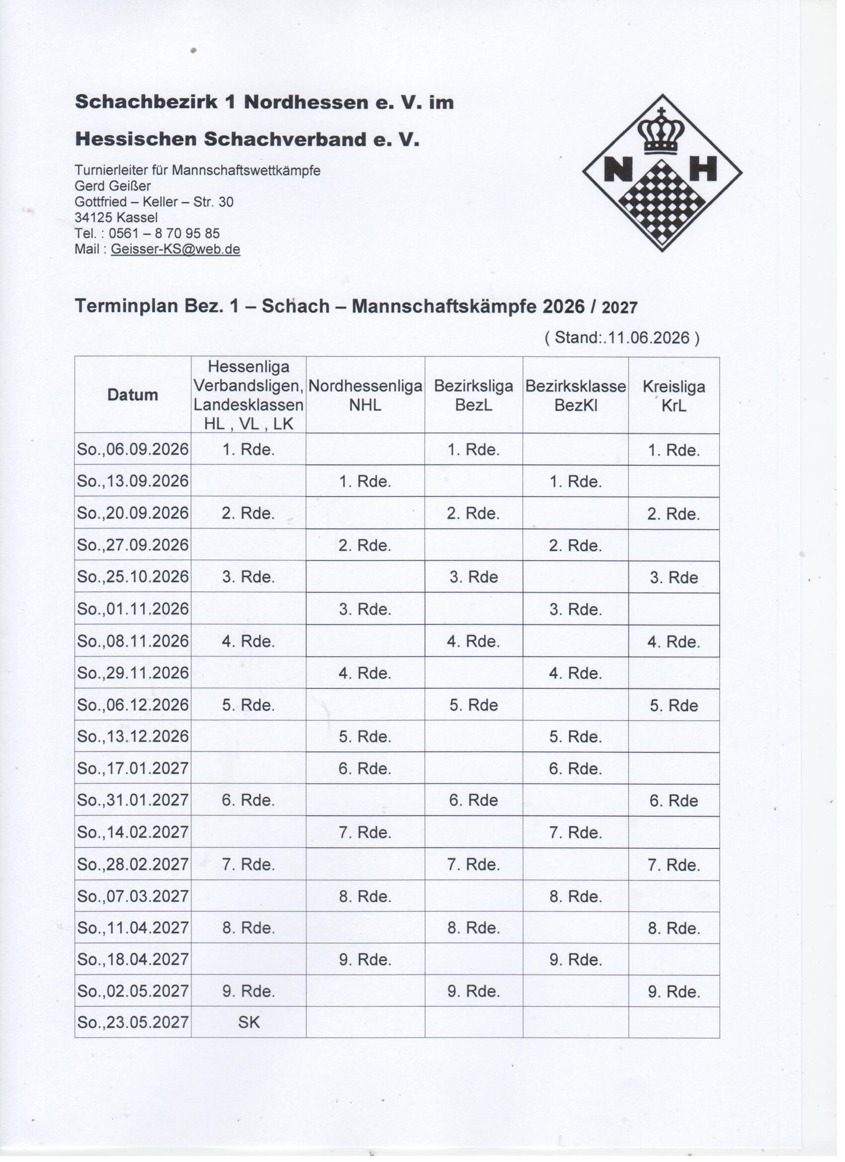 Der Spielplan für die Mannschaftskämpfe 2026/2027 ist da