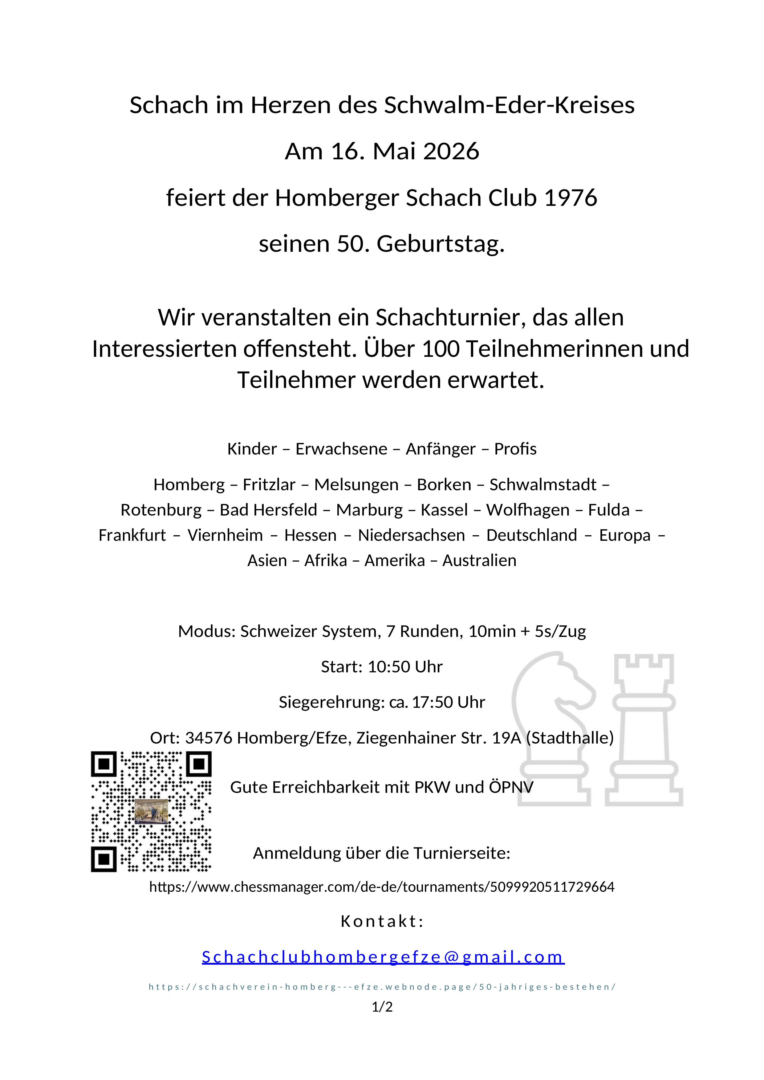 Hinweis: 50 Jahre Homberger Schach Club 1976 – Großes Jubiläumsturnier im Mai